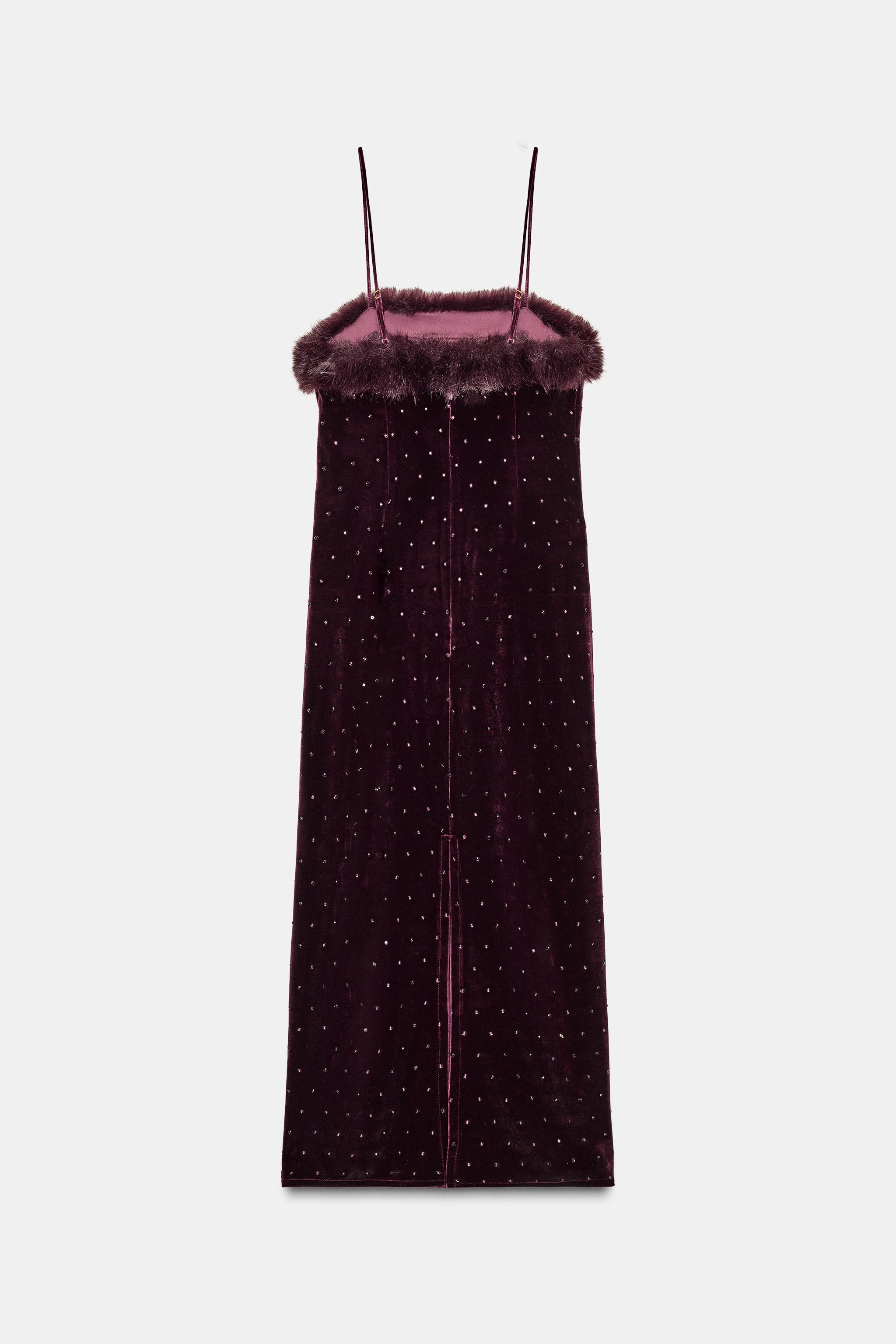 VELVET BEADED FAUX FUR MIDI DRESS